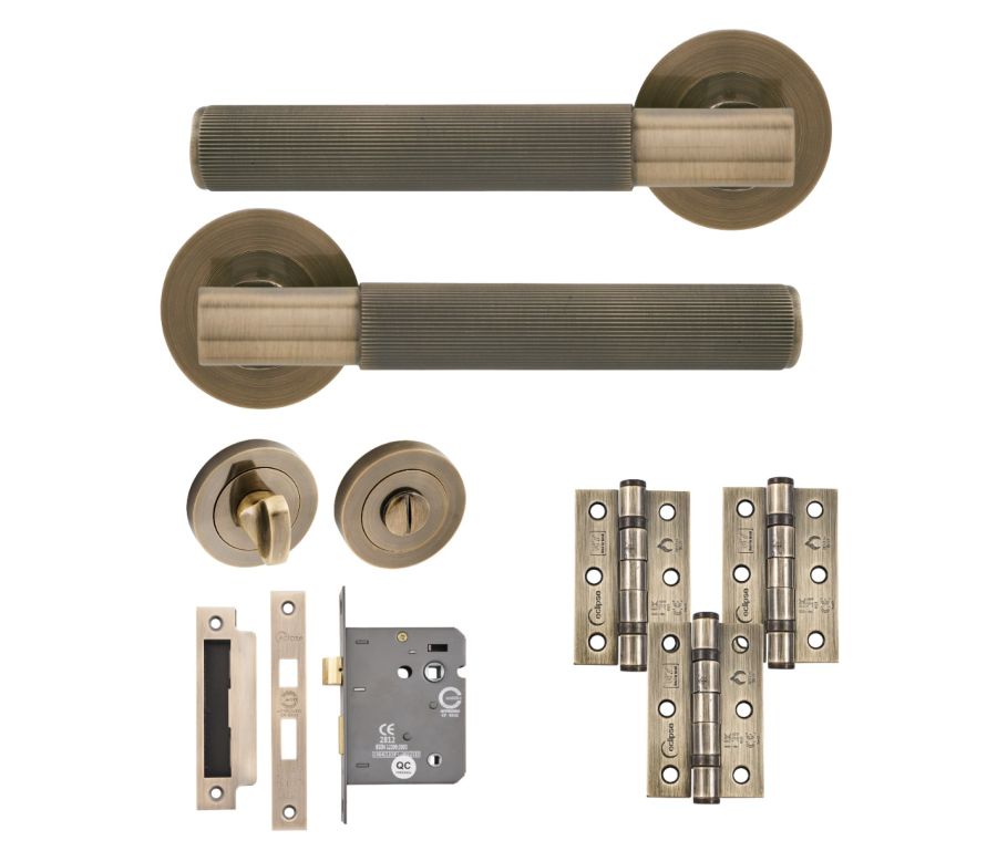 Eclipse Insignia Antique Brass Linear Bathroom Door Pack | 76x51mm (3