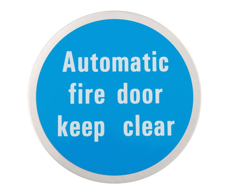 Satin Stainless Steel 76mm Self Adhesive Automatic Fire Door Keep Clear Sign | 34758