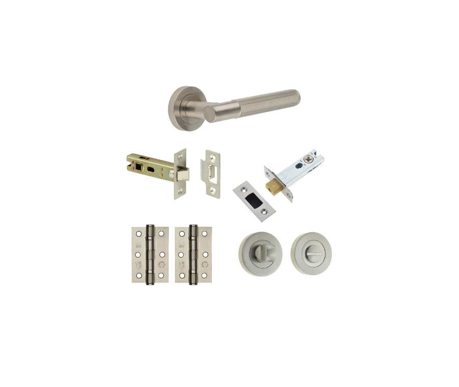 Satin Nickel Knurled Camden Bathroom Door Handle Set