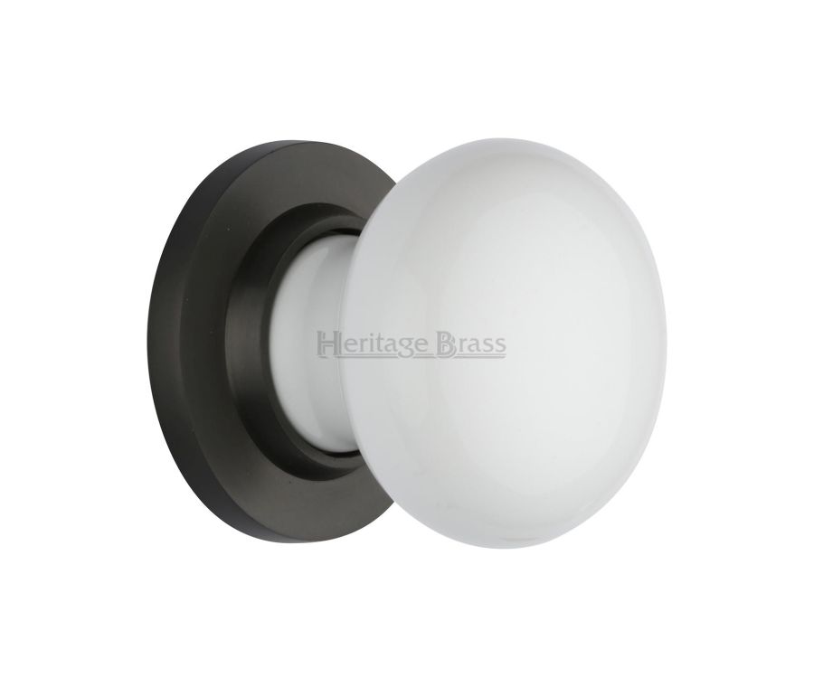 Heritage Brass Matt Bronze Plain White Porcelain Door Knob on Rose