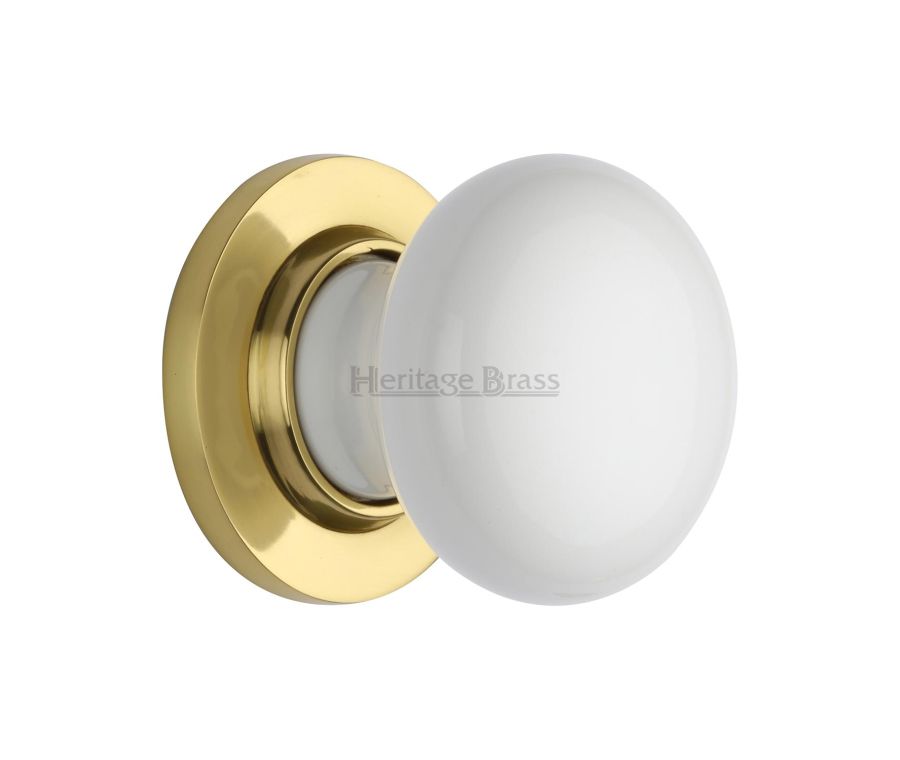 Heritage Brass Polished Brass Plain White Porcelain Door Knob on Rose