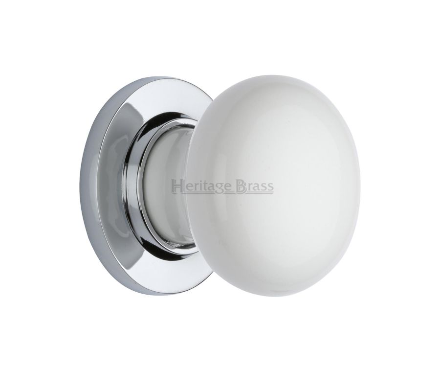 Heritage Brass Polished Chrome Plain White Porcelain Door Knob on Rose