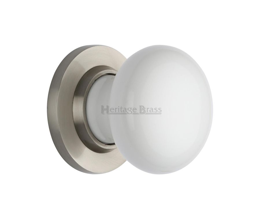 Heritage Brass Satin Nickel Plain White Porcelain Door Knob on Rose