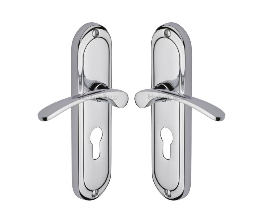 Heritage Brass Polished Chrome Ambassador Door Handle on Plate - Euro Profile