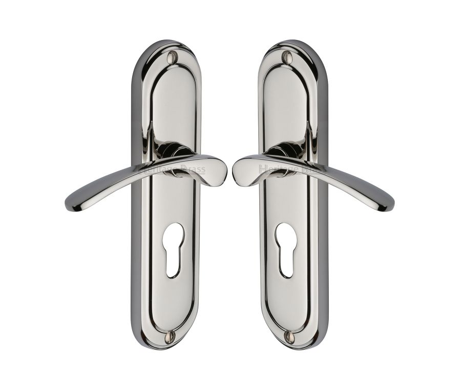 Heritage Brass Polished Nickel Finish Ambassador Door Handle on Plate - Euro Profile