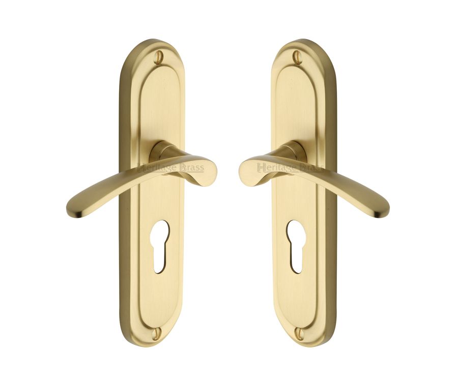 Heritage Brass Satin Brass Ambassador Door Handle on Plate - Euro Profile