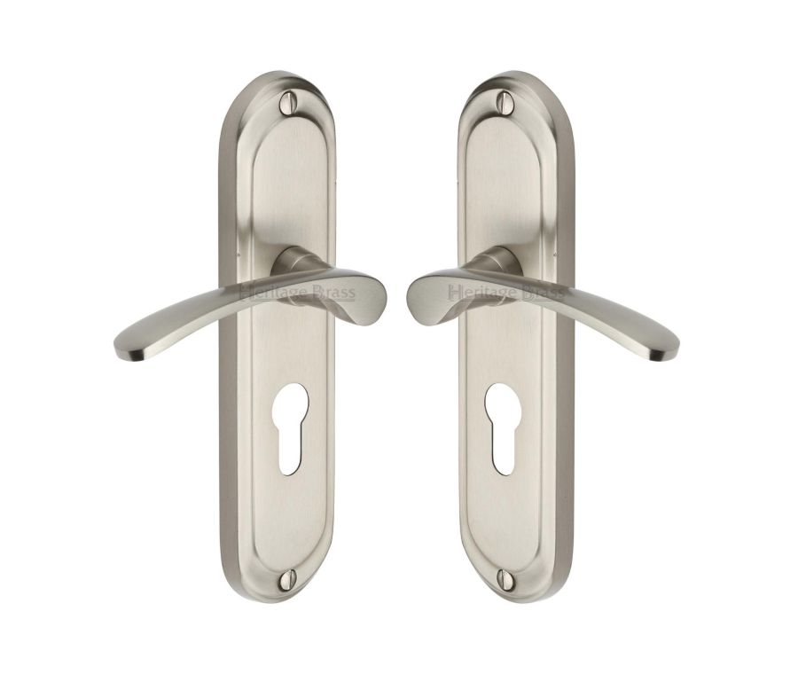 Heritage Brass Satin Nickel Ambassador Door Handle on Plate - Euro Profile