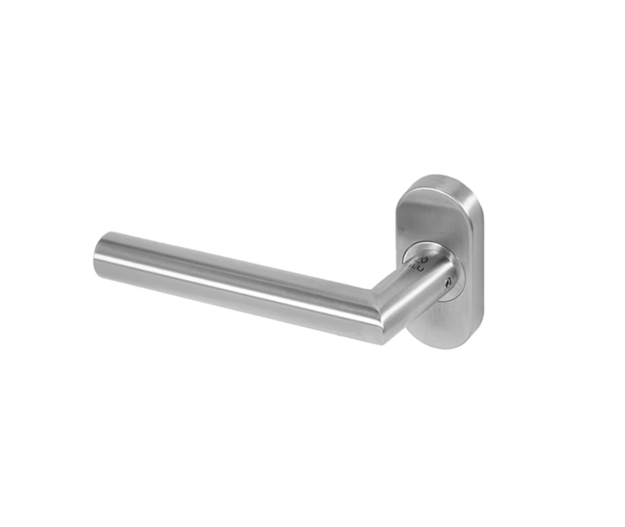 BLU Satin Stainless Steel Centrix Angled Mitred Door Handle on oval rose |  AML085-SSS