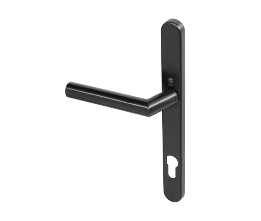 BLU Satin Black Angled Lever Door Handle on euro backplate |  AML096-PBK