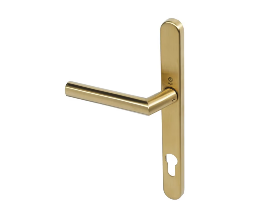 BLU Satin Brass BLU Angled Lever Door Handle on euro backplate |  AML096-PSB