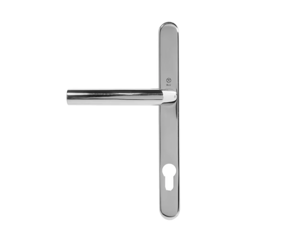 BLU Polished Stainless Steel Angled Lever Door Handle on euro backplate |  AML096-PSS