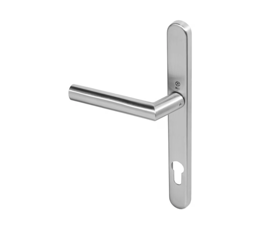 BLU Satin Stainless Steel Angled Lever Door Handle on euro backplate  |  AML096-SSS
