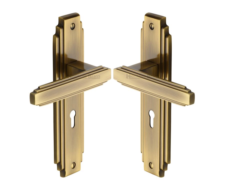 Heritage Brass Antique Brass Astoria Door Handle on Plate - Lever Lock