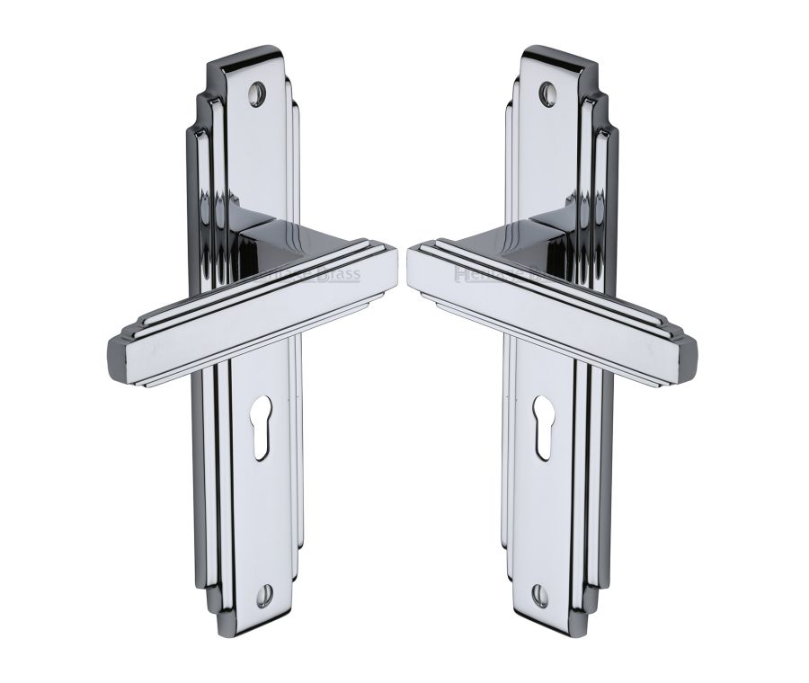 Heritage Brass Polished Chrome Astoria Door Handle on Plate - Lever Lock
