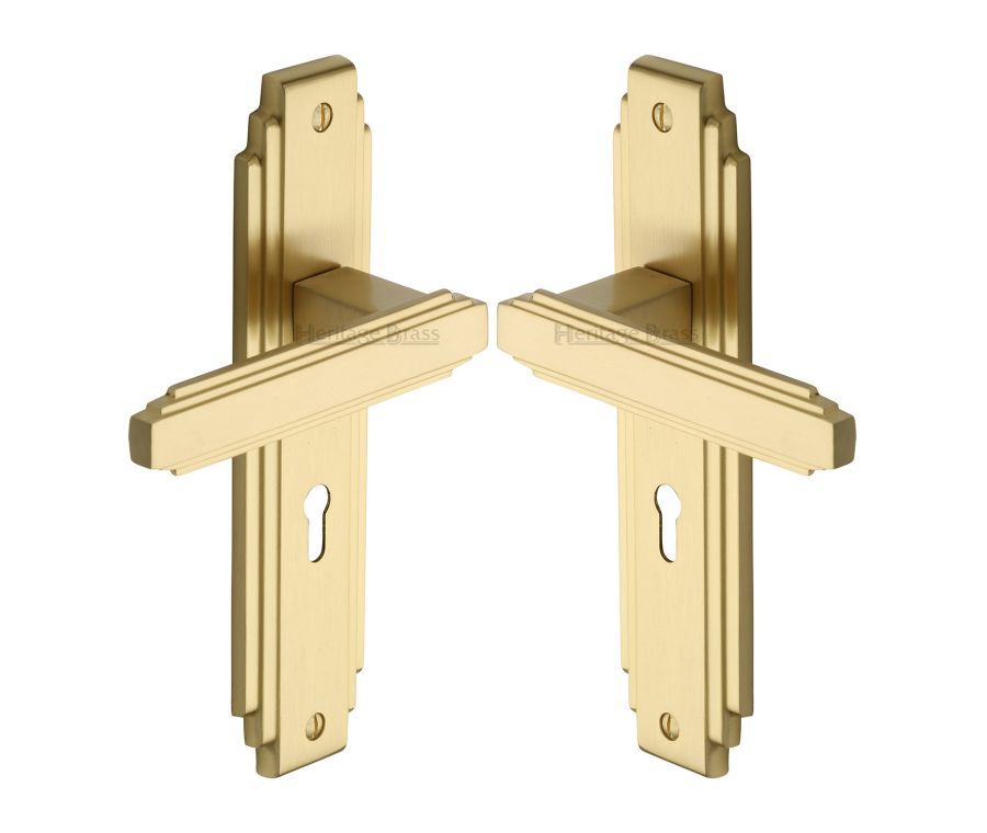 Heritage Brass Satin Brass Astoria Door Handle on Plate - Lever Lock