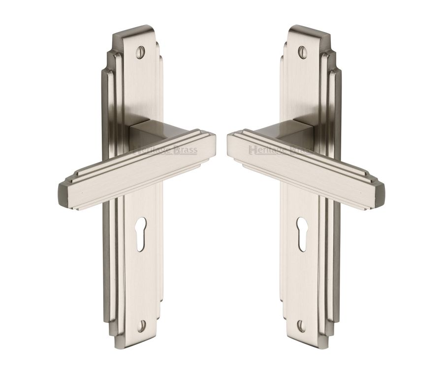 Heritage Brass Satin Nickel Astoria Door Handle on Plate - Lever Lock