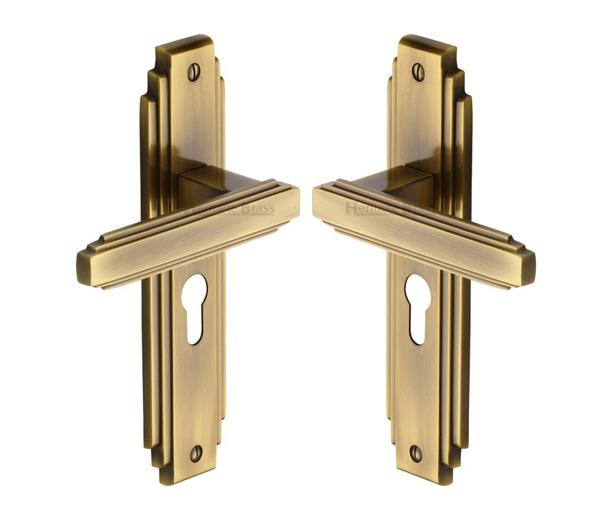 Heritage Brass Antique Brass Astoria Door Handle on Plate - Euro Profile