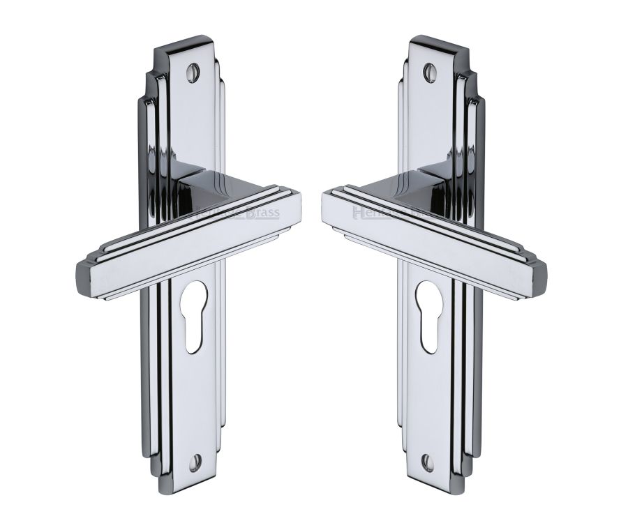 Heritage Brass Polished Chrome Astoria Door Handle on Plate - Euro Profile
