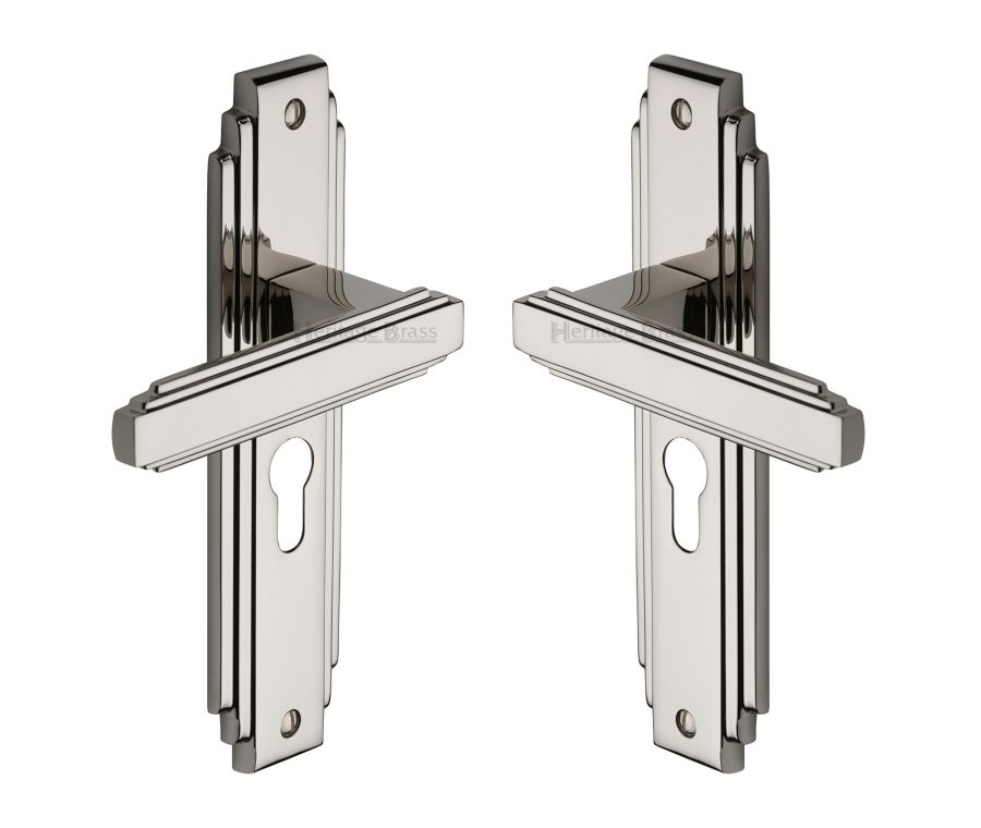 Heritage Brass Polished Nickel Finish Astoria Door Handle on Plate - Euro Profile