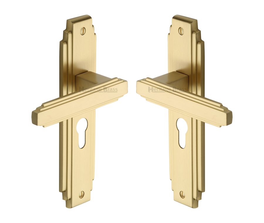 Heritage Brass Satin Brass Astoria Door Handle on Plate - Euro Profile