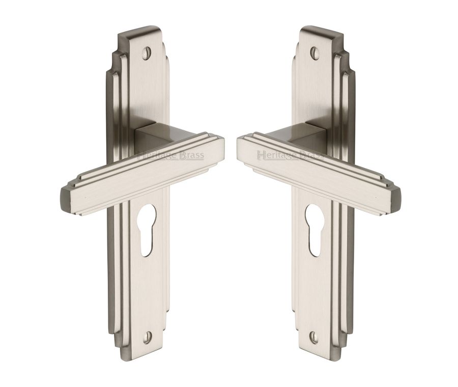 Heritage Brass Satin Nickel Astoria Door Handle on Plate - Euro Profile