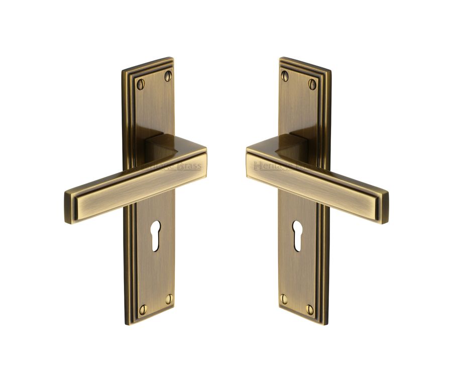 Heritage Brass Antique Brass Atlantis Door Handle on Plate - Lever Lock