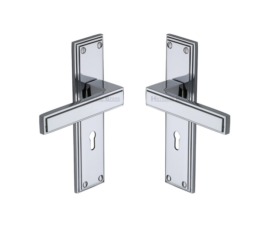 Heritage Brass Polished Chrome Atlantis Door Handle on Plate - Lever Lock