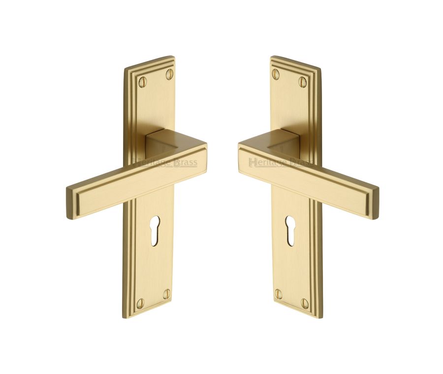 Heritage Brass Satin Brass Atlantis Door Handle on Plate - Lever Lock