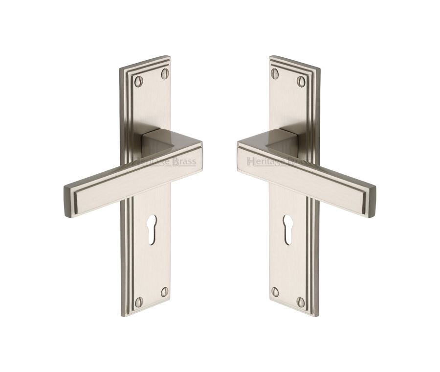 Heritage Brass Satin Nickel Atlantis Door Handle on Plate - Lever Lock
