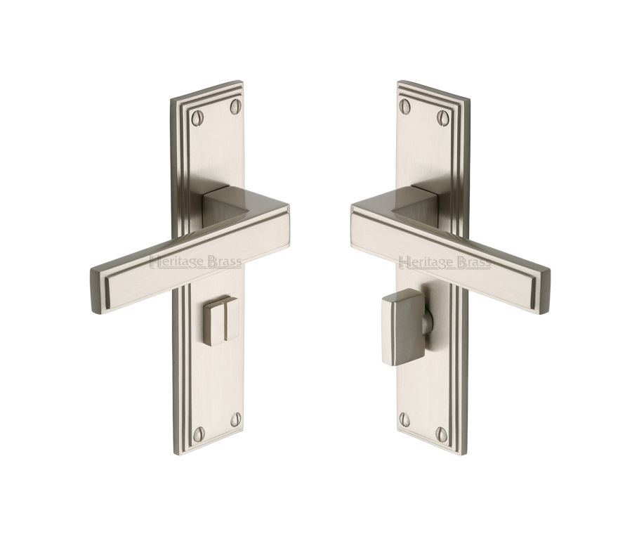 Heritage Brass Satin Nickel Atlantis Door Handle on Plate - Bathroom Set