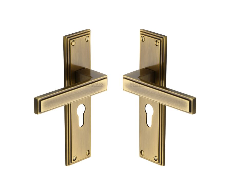 Heritage Brass Antique Brass Atlantis Door Handle on Plate - Euro Profile