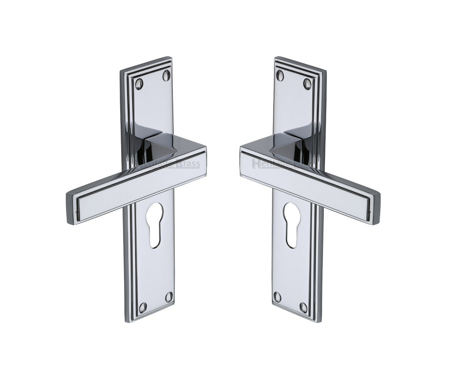 Heritage Brass Polished Chrome Atlantis Door Handle on Plate - Euro Profile