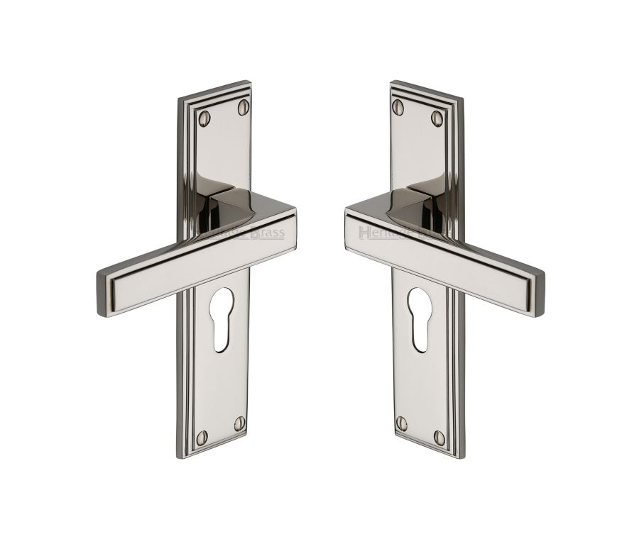 Heritage Brass Polished Nickel Finish Atlantis Door Handle on Plate - Euro Profile