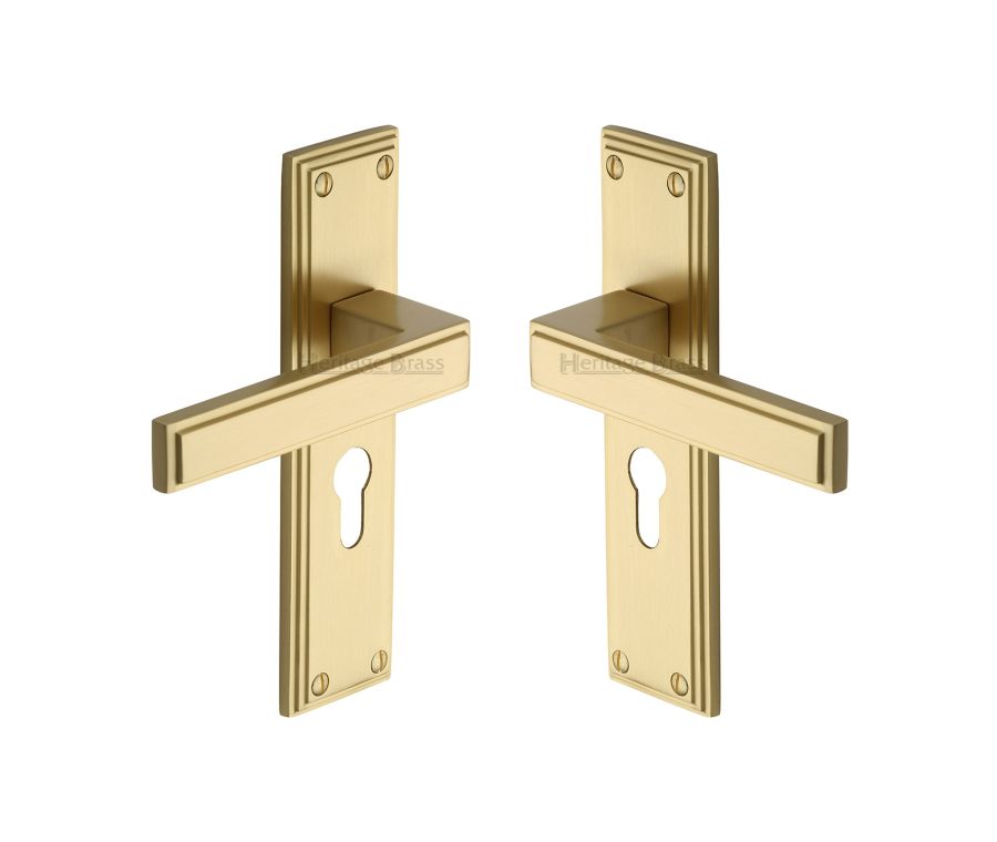 Heritage Brass Satin Brass Atlantis Door Handle on Plate - Euro Profile