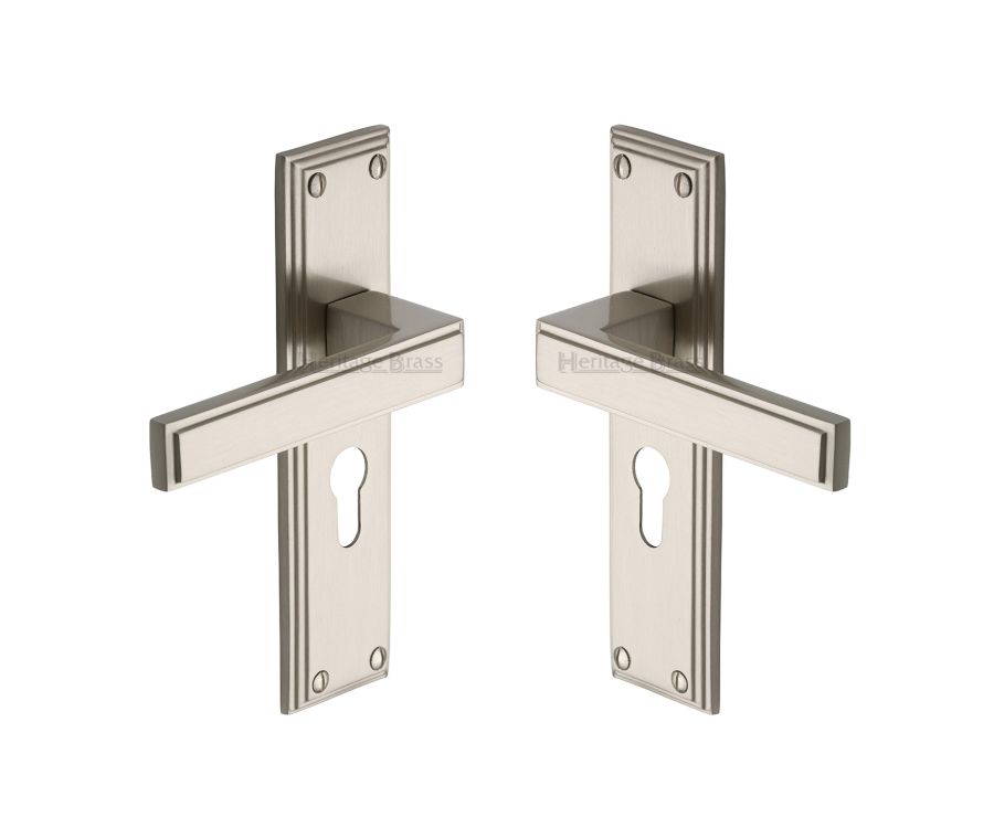 Heritage Brass Satin Nickel Atlantis Door Handle on Plate - Euro Profile