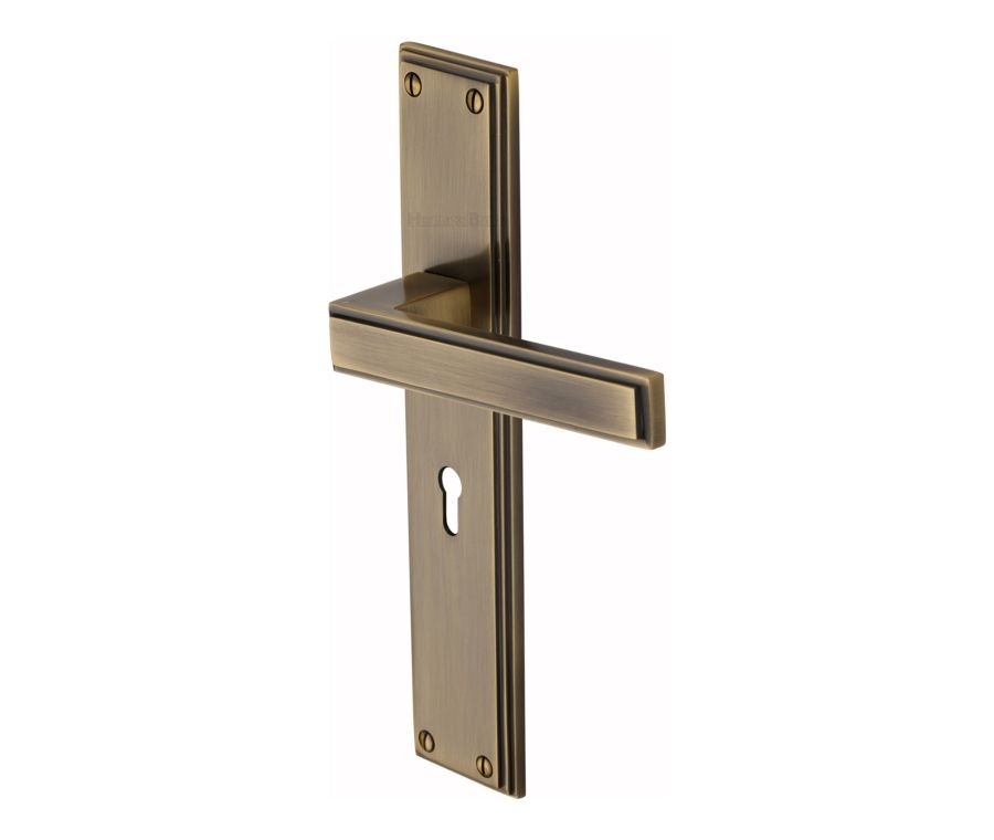 Heritage Brass Antique Brass Atlantis Long Door Handle on Plate - Lever Lock