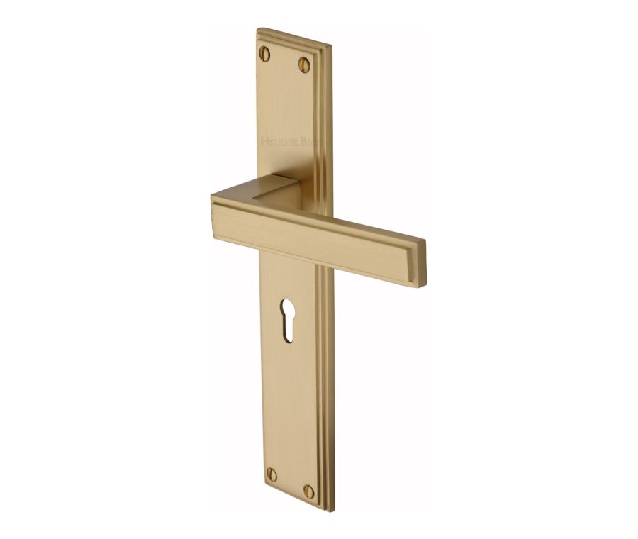 Heritage Brass Satin Brass Atlantis Long Door Handle on Plate - Lever Lock