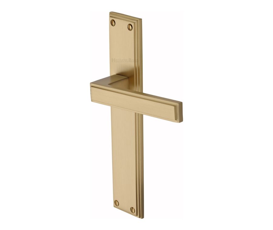 Heritage Brass Satin Brass Atlantis Long Door Handle on Plate - Lever Latch