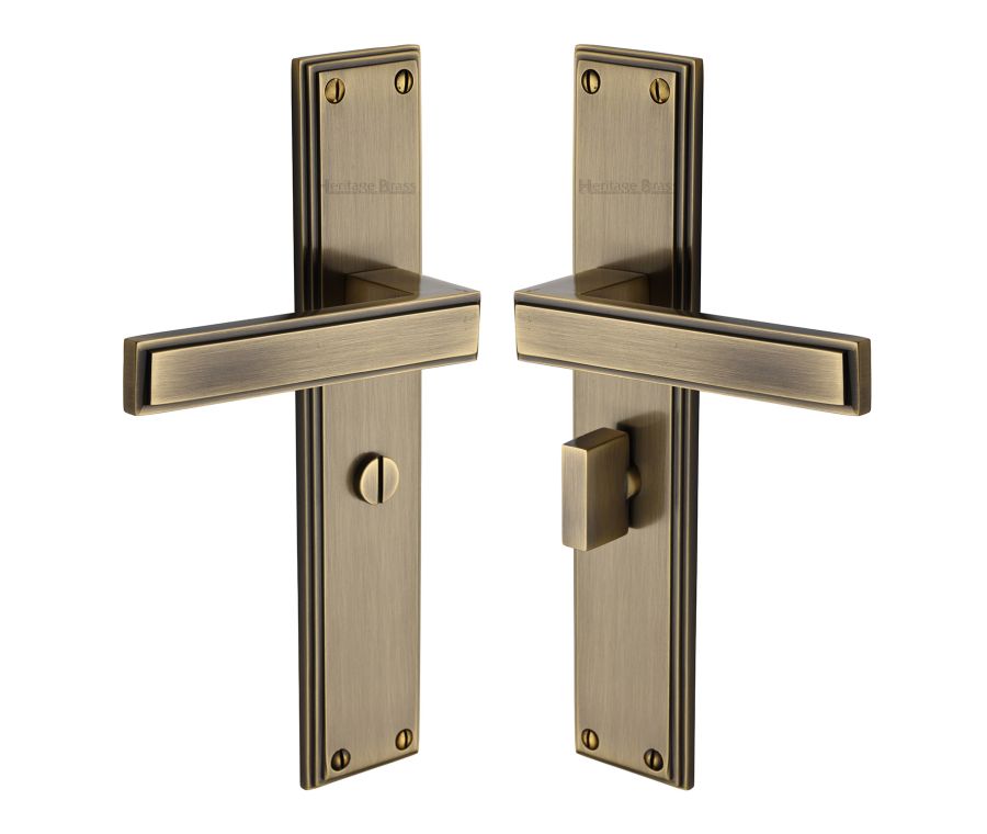 Heritage Brass Antique Brass Atlantis Long Door Handle on Plate - Bathroom Set