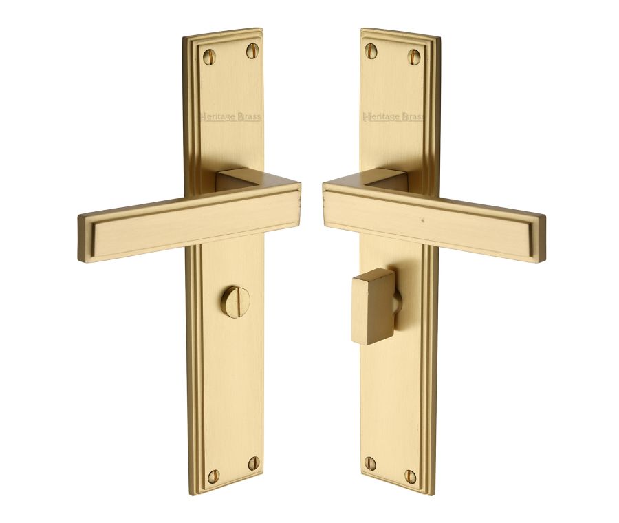 Heritage Brass Satin Brass Atlantis Long Door Handle on Plate - Bathroom Set