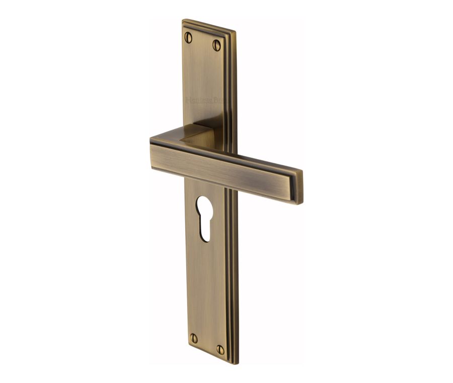 Heritage Brass Antique Brass Atlantis Long Door Handle on Plate - Euro Profile
