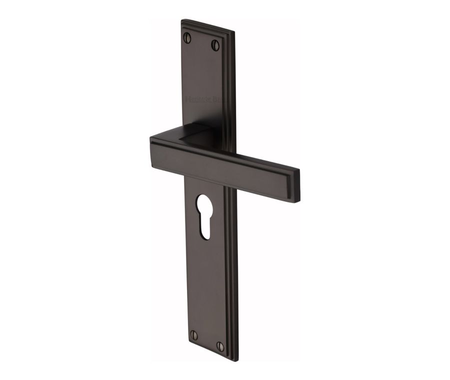 Heritage Brass Matt Bronze Atlantis Long Door Handle on Plate - Euro Profile