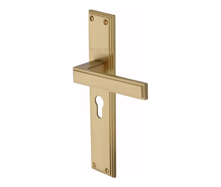 Heritage Brass Satin Brass Atlantis Long Door Handle on Plate - Euro Profile