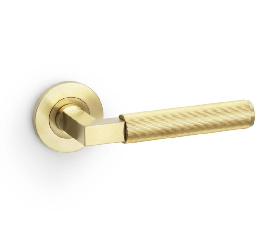 Alexander & Wilks Satin Brass PVD Hurricane Reeded Lever on rose | AW202SBPVD