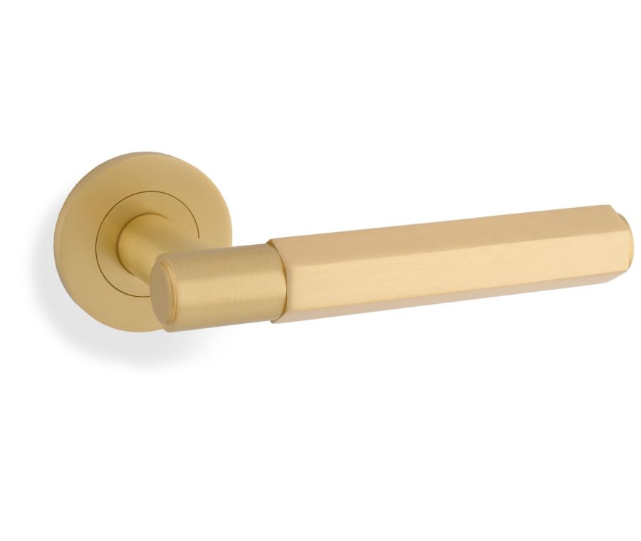 Alexander & Wilks Satin Brass PVD Spitfire Lever Hexagonal Cut on rose | AW224SBPVD