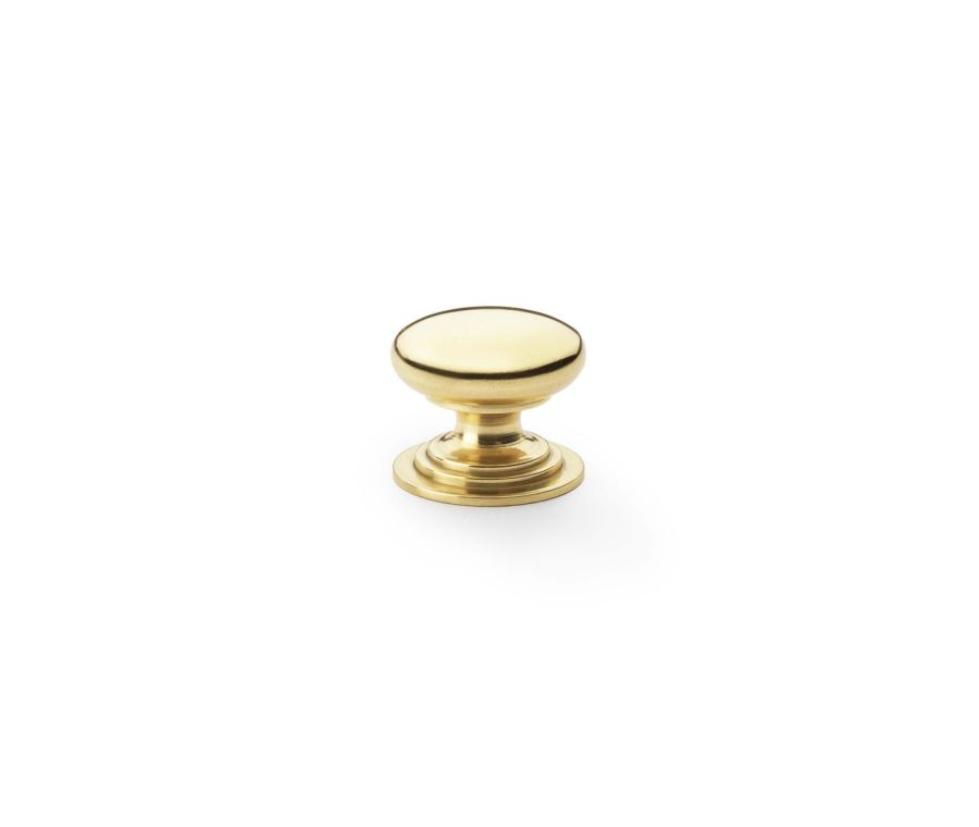 Alexander and Wilks Polished Brass Lacquer 25mm Round Cupboard Knob on Stepped Rose | AW825-25-PBL