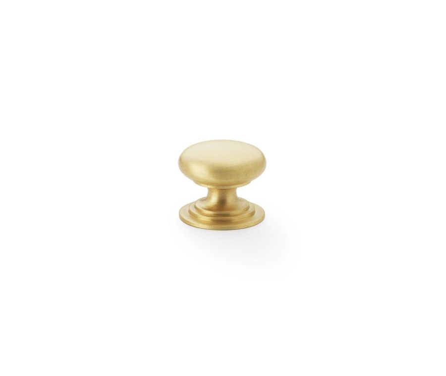 Alexander and Wilks Satin Brass 25mm Round Cupboard Knob on Stepped Rose | AW825-25-SB