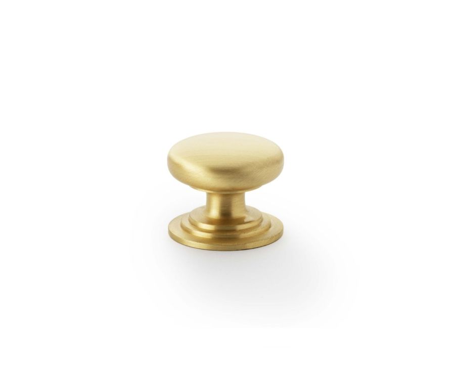 Alexander and Wilks Satin Brass 32mm Round Cupboard Knob on Stepped Rose | AW825-32-SB