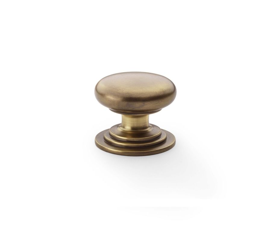 Alexander and Wilks Antique Brass 38mm Round Cupboard Knob on Stepped Rose | AW825-38-AB