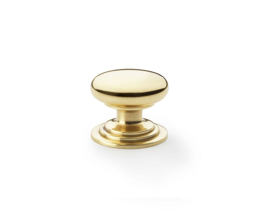 Alexander and Wilks Polished Brass Lacquer 38mm Round Cupboard Knob on Stepped Rose | AW825-38-PBL